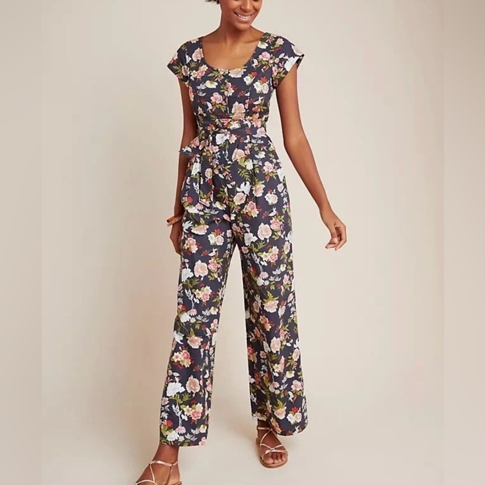 New Anthropologie Current Air Clea Wide Leg Jumpsuit Sz S Boho Floral Cotton NWT